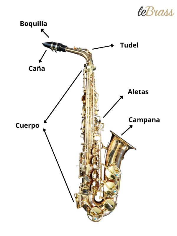Las partes individuales de un saxofón.